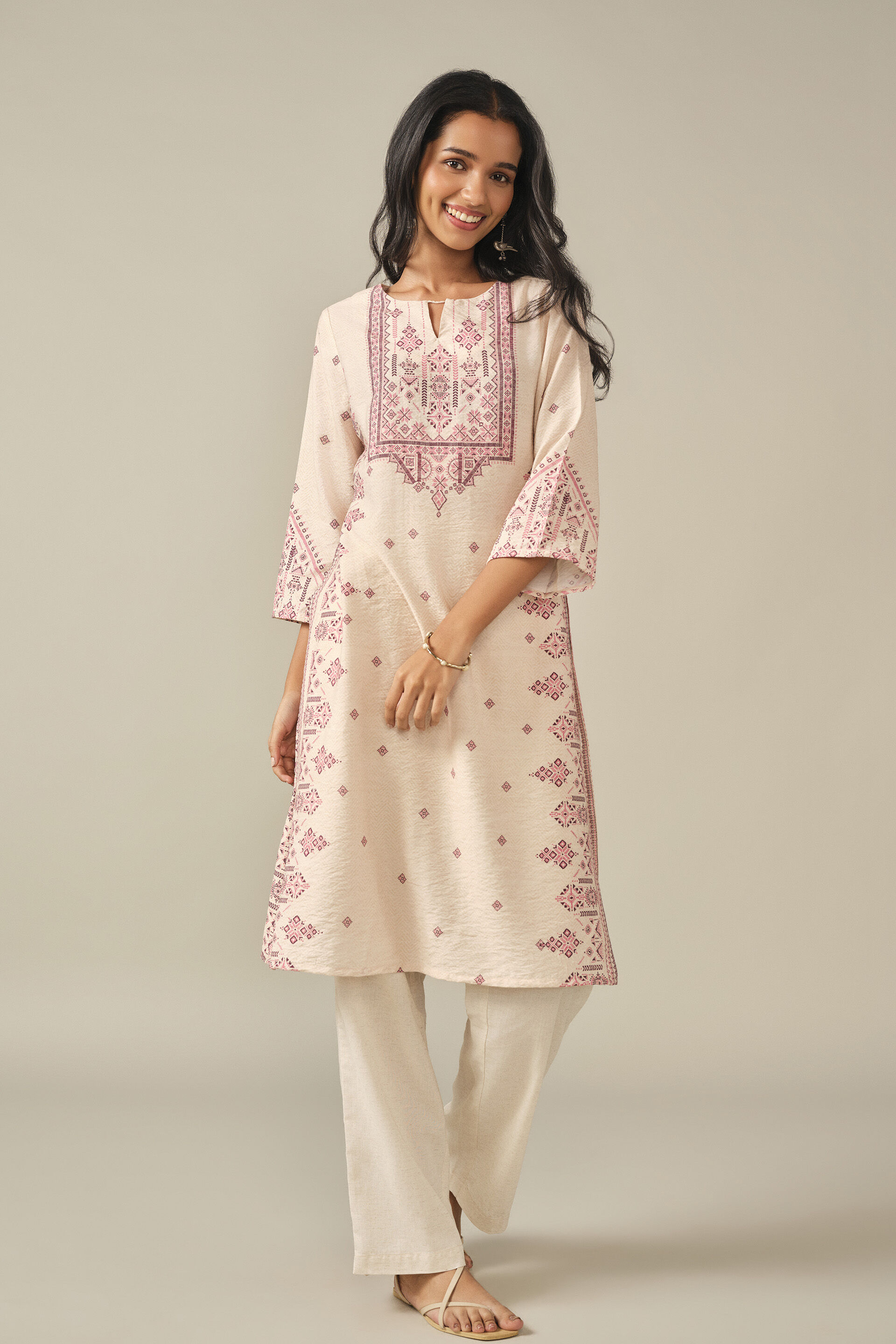 Printed Kurta in Beige, Beige, image 4